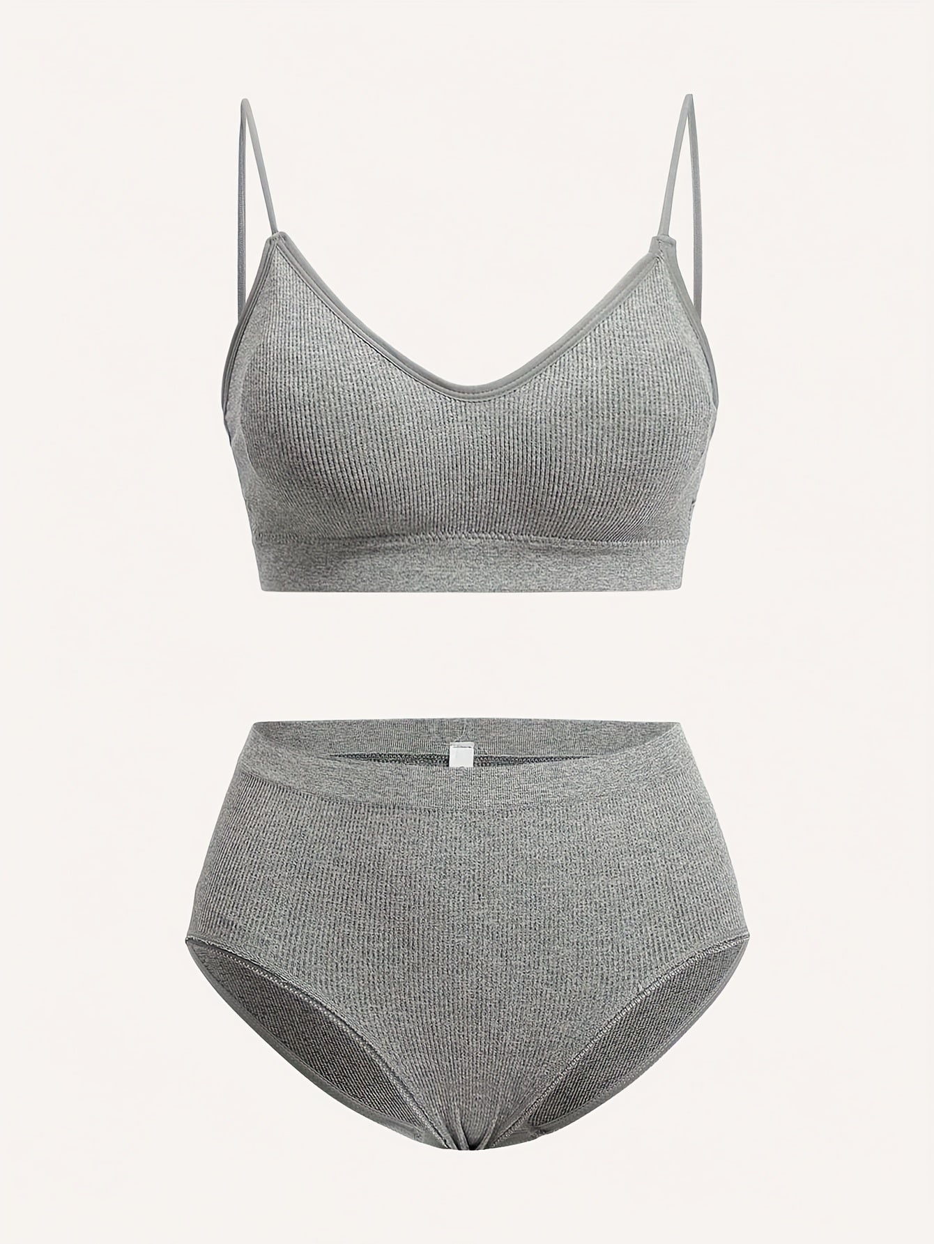 3 Sets Solid Ribbed Bra & Panties Push Up Bra & Elastic Panties Lingerie Set