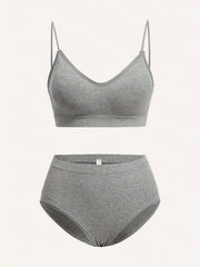 3 Sets Solid Ribbed Bra & Panties Push Up Bra & Elastic Panties Lingerie Set