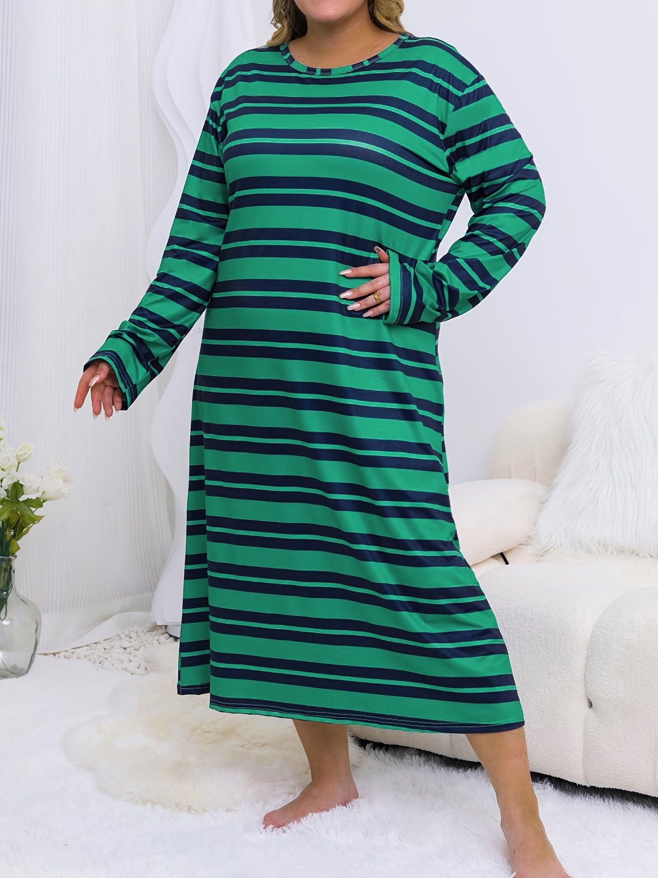 Striped Nightdress Long Sleeve Round Neck
