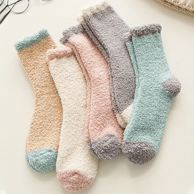 5 Pairs Colorblock Fuzzy Socks Soft & Warm Women's Mid Tube Stockings