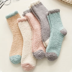 5 Pairs Colorblock Fuzzy Socks Soft & Warm Women's Mid Tube Stockings