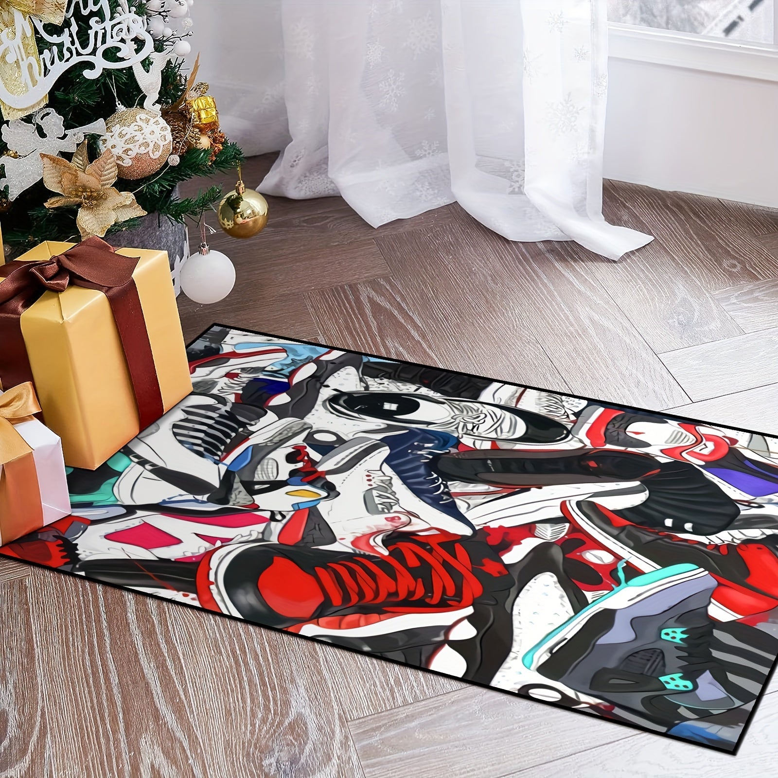 Sports Shoe Doodle Pattern Area Rug Non Slip Indoor Carpet