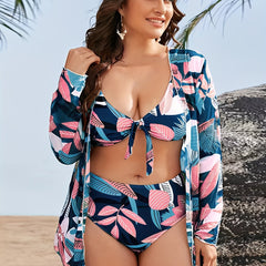Boho Bikini Set Plus Leaf Print Cover Up Knot Front Bra Panty Swimsuit 3 Piece