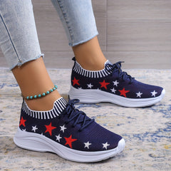 Women's Stars Pattern Flat Sneakers Lace Up Low Light Shoes