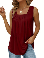 Pleated Square Neck Tank Top - Sleeveless Summer Casual