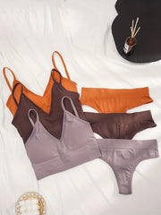 Solid Ribbed Bra & Panties Set Stretch Wireless Bra & Thong Lingerie
