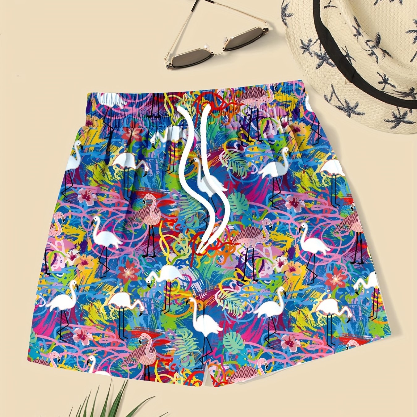 Boys Swim Trunks Elastic Waist Drawstring Beach Pants Colorful Flamingo Print