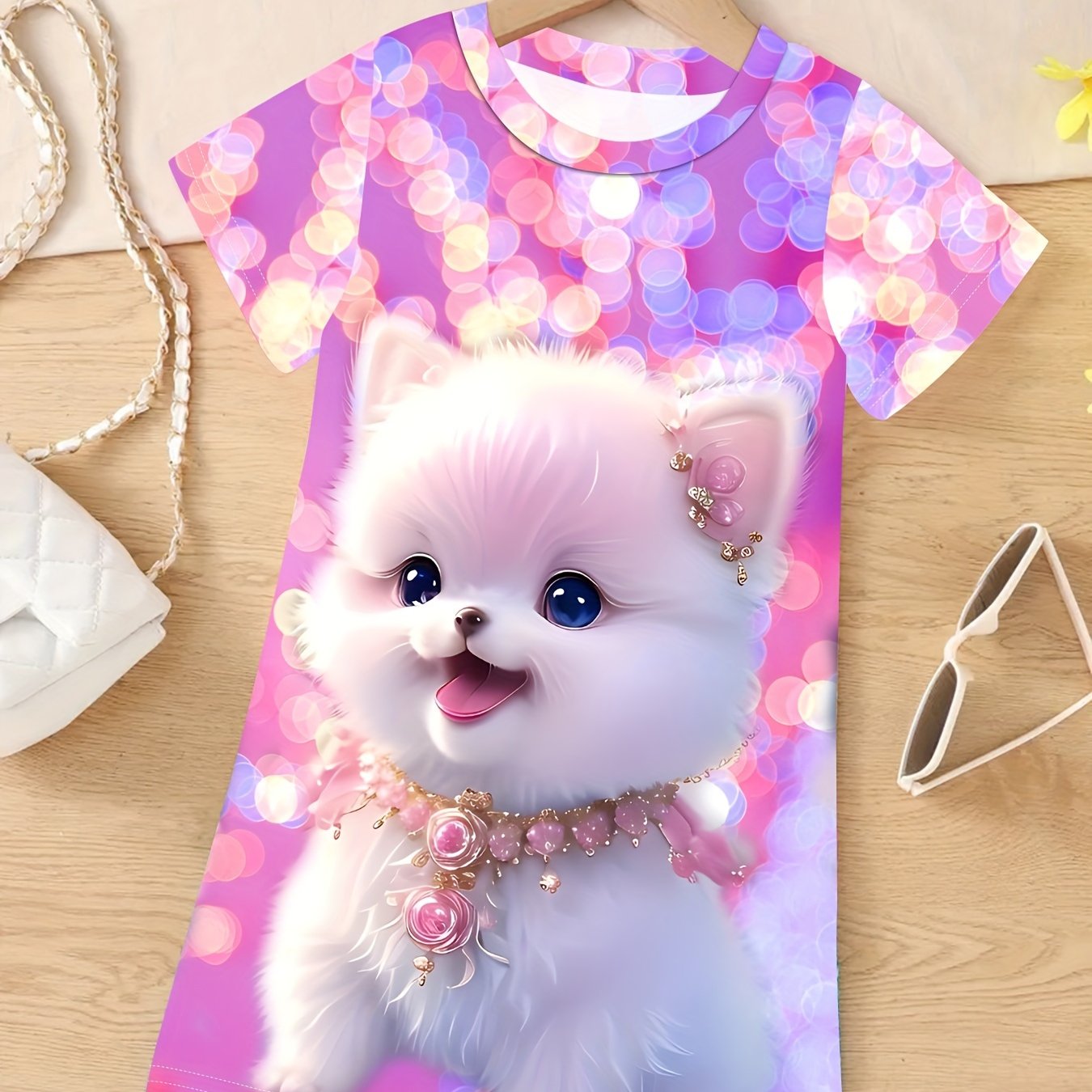 3D Print Puppy Short Sleeve Dress For Girls