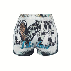 Letter & Leopard Print Skinny Shorts Casual Shorts for Women