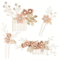 Pink Flower Hair Pin Inlaid Faux Pearl U shaped Hairpin Hair Accessories