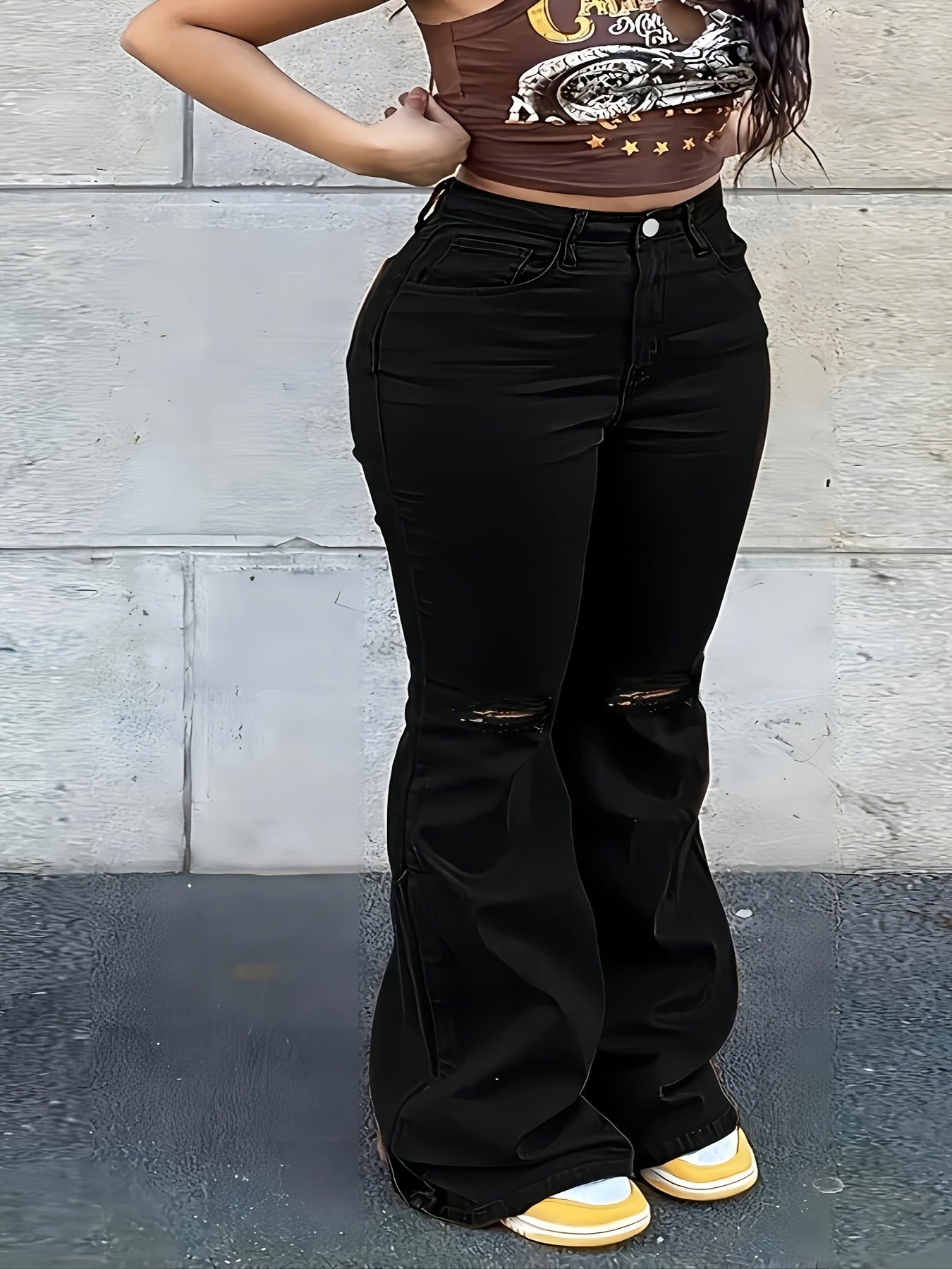 Flared Leg Stretch Washed Denim Pants