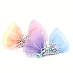 2pcs Girls Mesh Bow Hair Clips Crown Decor Hairpins