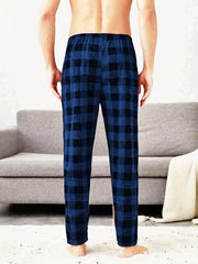 Men's Plaid Elastic Waist Pants Straight Leg Retro Casual Trousers