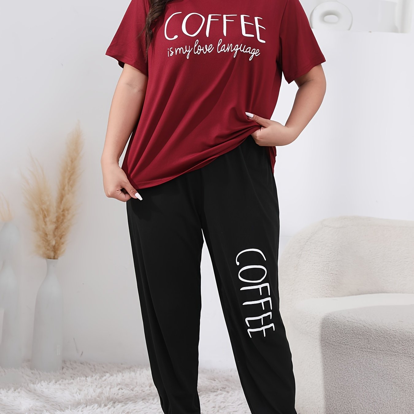 Casual Loungewear Set Women's Plus Letter Print Tee & Joggers