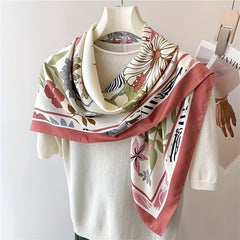 Flower Print Shawl Classic Silk Square Scarf Neckerchief for Women