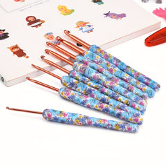 8pcs Aluminum Crochet Hooks Set Bule Floral Ergonomic Handle Comfort Grip