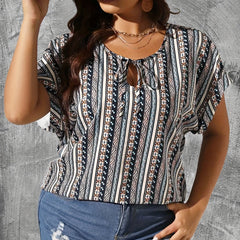 Boho Blouse Womens Tribal Print Short Sleeve Keyhole Tie V Neck T Shir