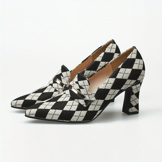 Women's Argyle Pattern Pumps Chunky Heels Slip On