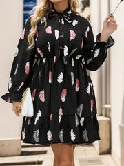 Women's Plus Feather Print Lantern Sleeve Bow Knot Mini Smock Dress