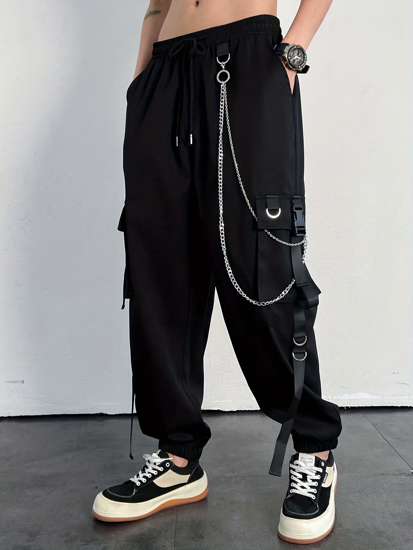 Men's Drawstring Sweatpants with Chain Decor and Pockets