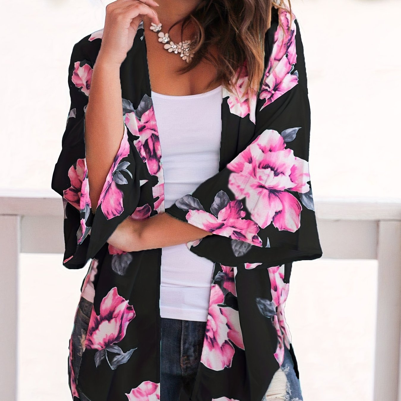 Floral Print V Neck Cover Up Shirts Long Sleeves Loose Fit