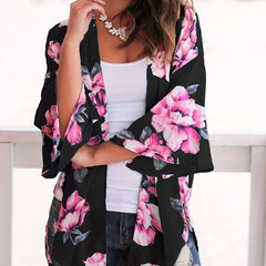 Floral Print V Neck Cover Up Shirts Long Sleeves Loose Fit
