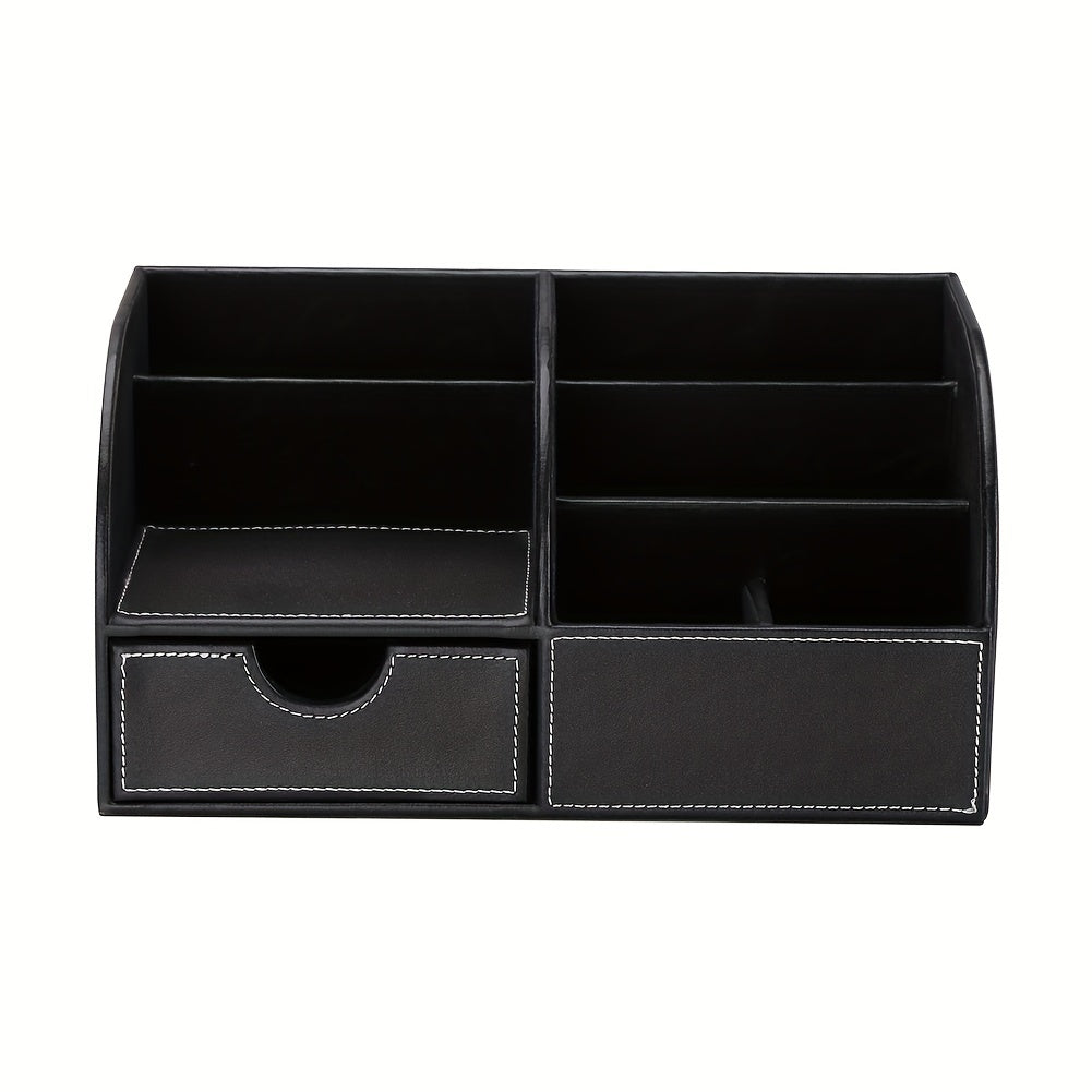 PU Half Leather Desktop Storage Pen Holder with Drawer