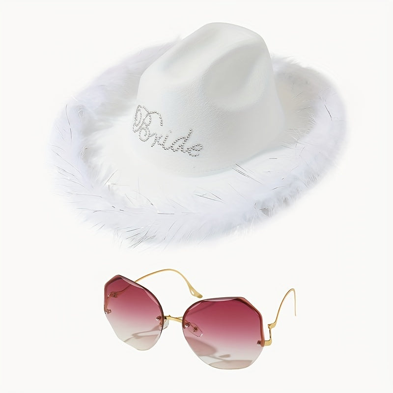 2pc Y2K Cowgirl Jazz Fedora Cap & Sunglasses Set, Musical Feather Hat