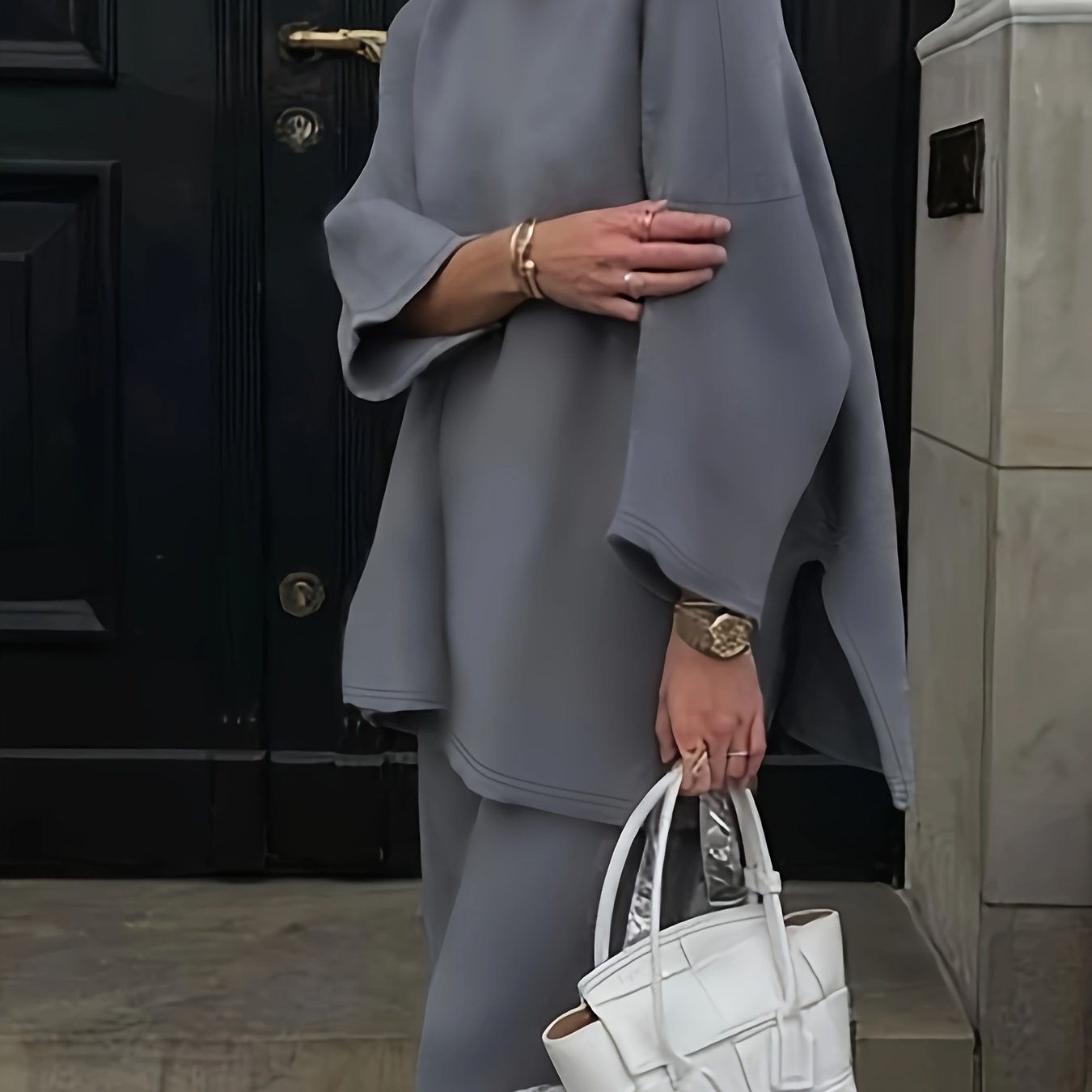 Plus Size Solid High Neck Split Top & Wide Leg Pants Set