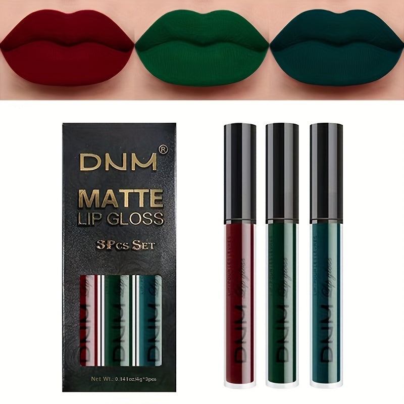 3 Pack Matte Liquid Lipstick Set Long Lasting Dark Red Brown Green Lipstick