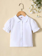 Girls Puff Sleeves Button Casual Frill Trim Short Sleeve Shirt Top