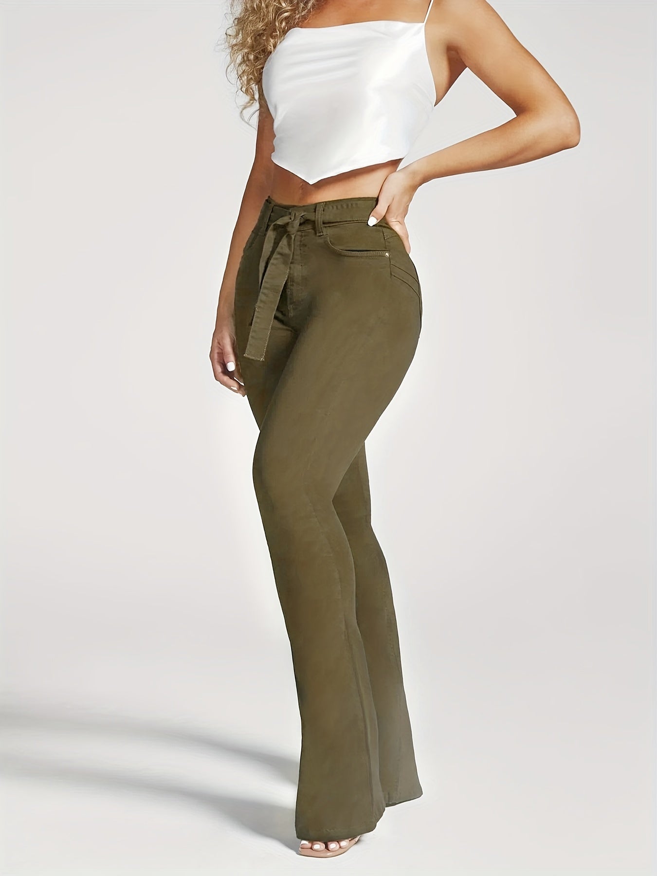 Olive Green Bootcut Jeans High Stretch Mid Waist Solid Bell Bottoms
