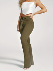 Olive Green Bootcut Jeans High Stretch Mid Waist Solid Bell Bottoms