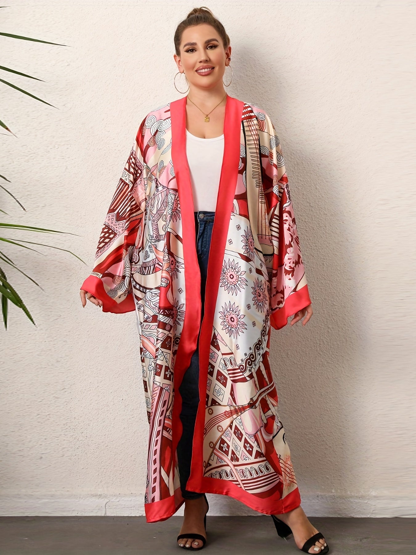 Boho Kimono Women's Plus Graphic Print Contrast Trim Long Sleeve
