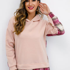 Plaid Pattern Hooded Sweatshirt Pink Long Sleeve