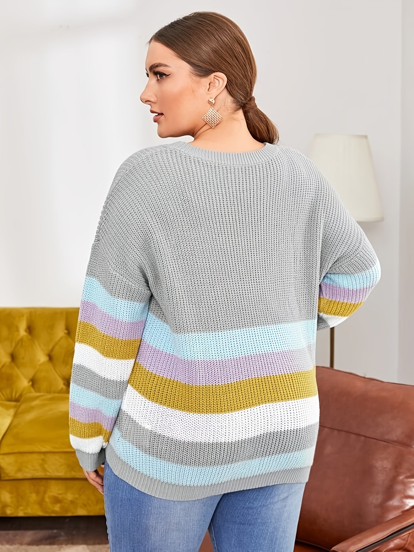 Colorblock Long Sleeve Sweater Women's Plus Casual Pullover Sweater
