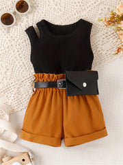 3pcs Baby Girls Cold Shoulder Tank Top & Shorts Set