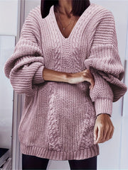 Solid Jacquard Lantern Sleeve V Neck Casual Sweater