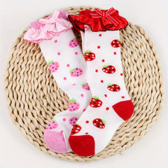 2 Pairs Knee Lace Socks Strawberry Jacquard Kids Bow Jewelry Socks Girls