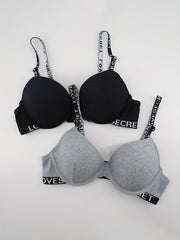 2pcs Letter Straps Push Up Bras Comfy & Breathable Intimates Bra