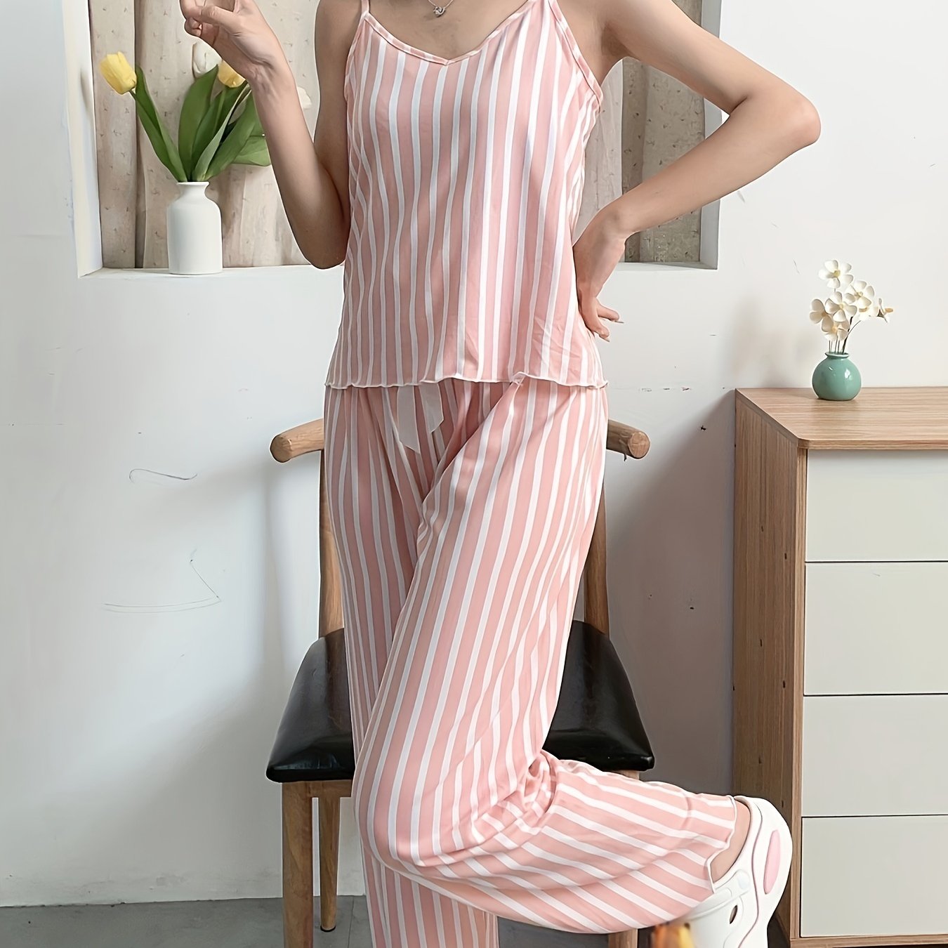 Striped Print Pajama Set V Neck Cami Top & Elastic Waistband Pants
