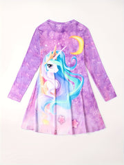 Little Girl Stylish Casual Cartoon Graphic Long Sleeve Dress