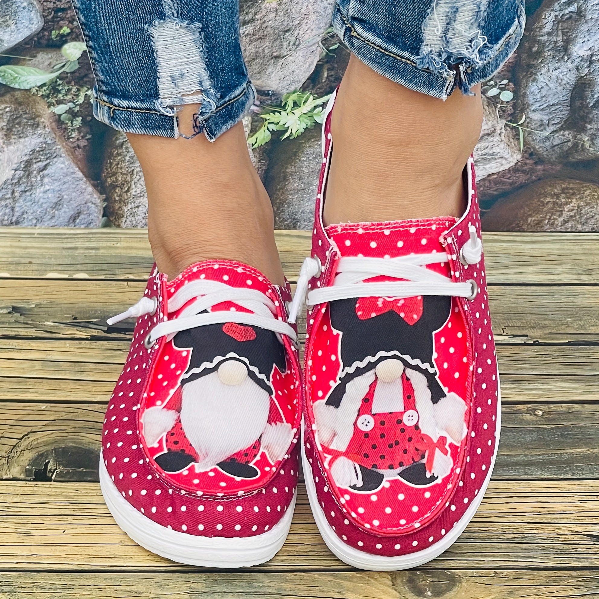 Red Polka Dot Couple Dwarf Flat Sports Shoes for Women