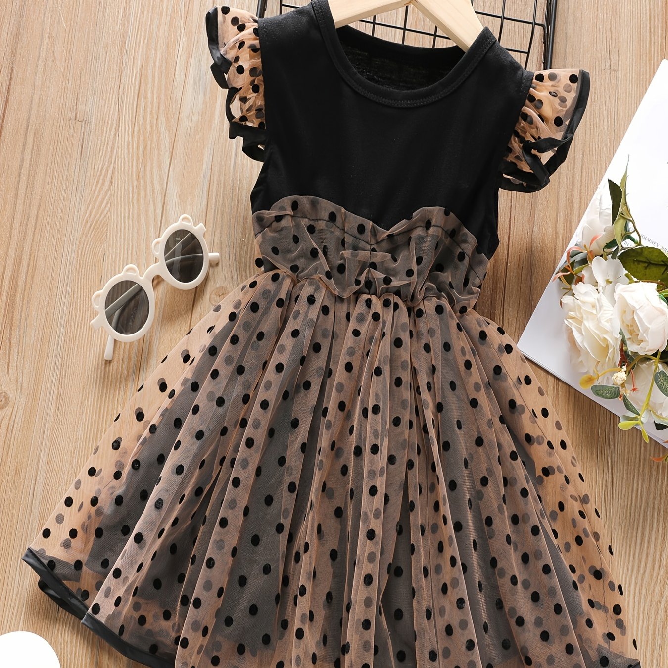 Baby Girls Ruffled Mesh Splicing Dress Short Sleeves Round Neck Polka Dots Print