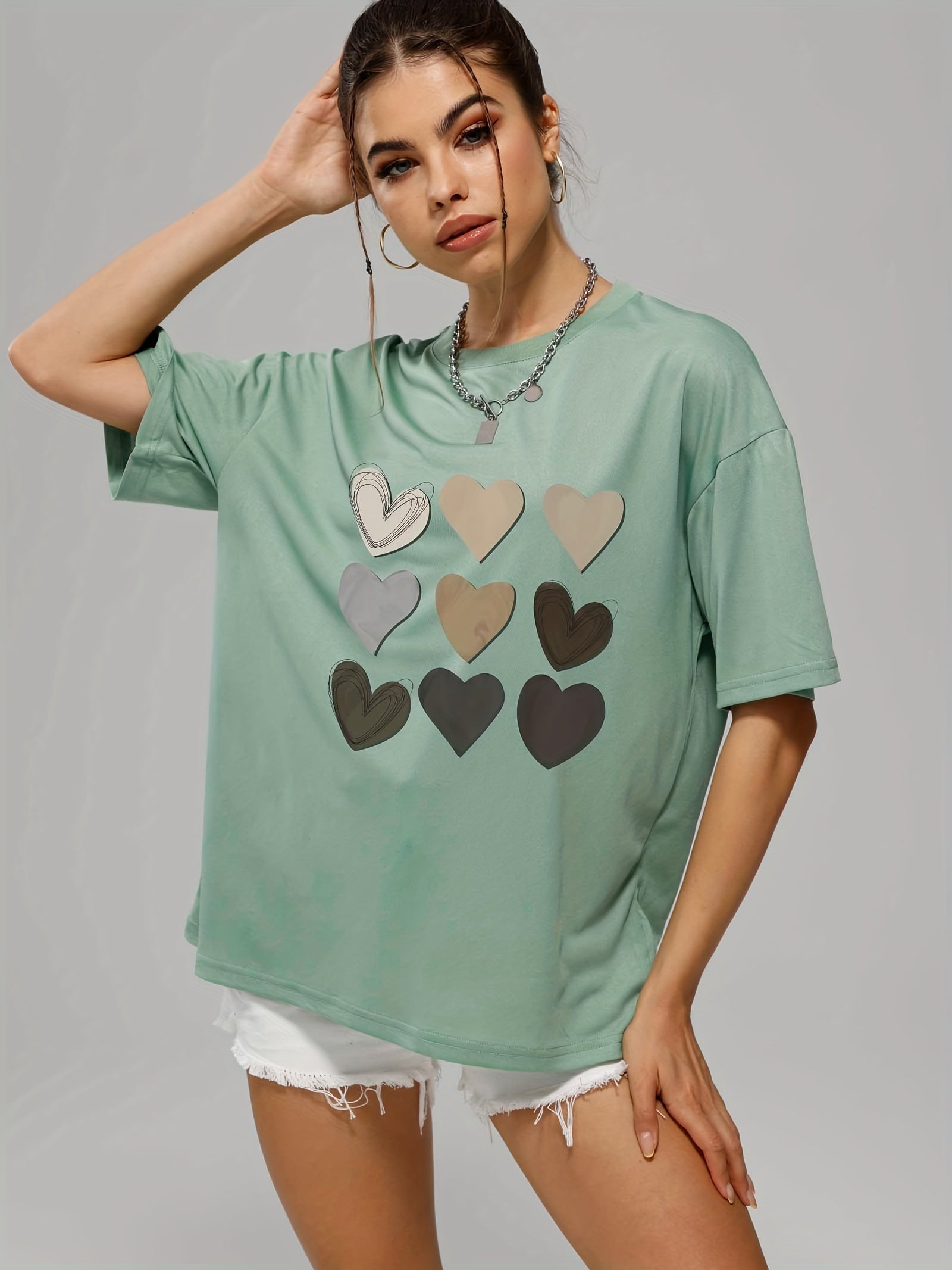 Heart Print Crew Neck T Shirt Loose Fit Short Sleeve Graphic Tee