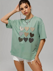Heart Print Crew Neck T Shirt Loose Fit Short Sleeve Graphic Tee