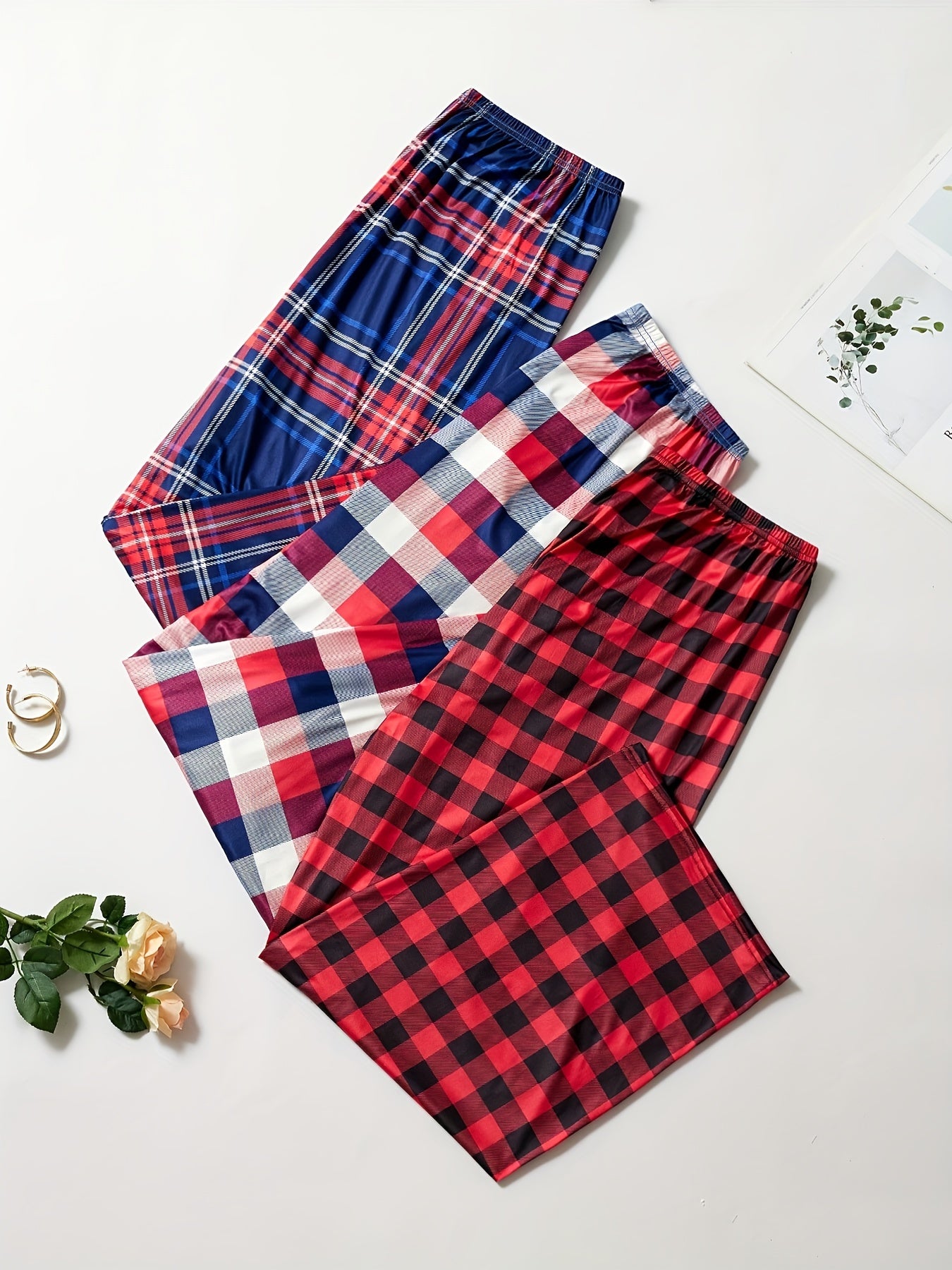 3 Pack Plus Size Casual Lounge Pants Set Women's Plus Soft Plaid Print