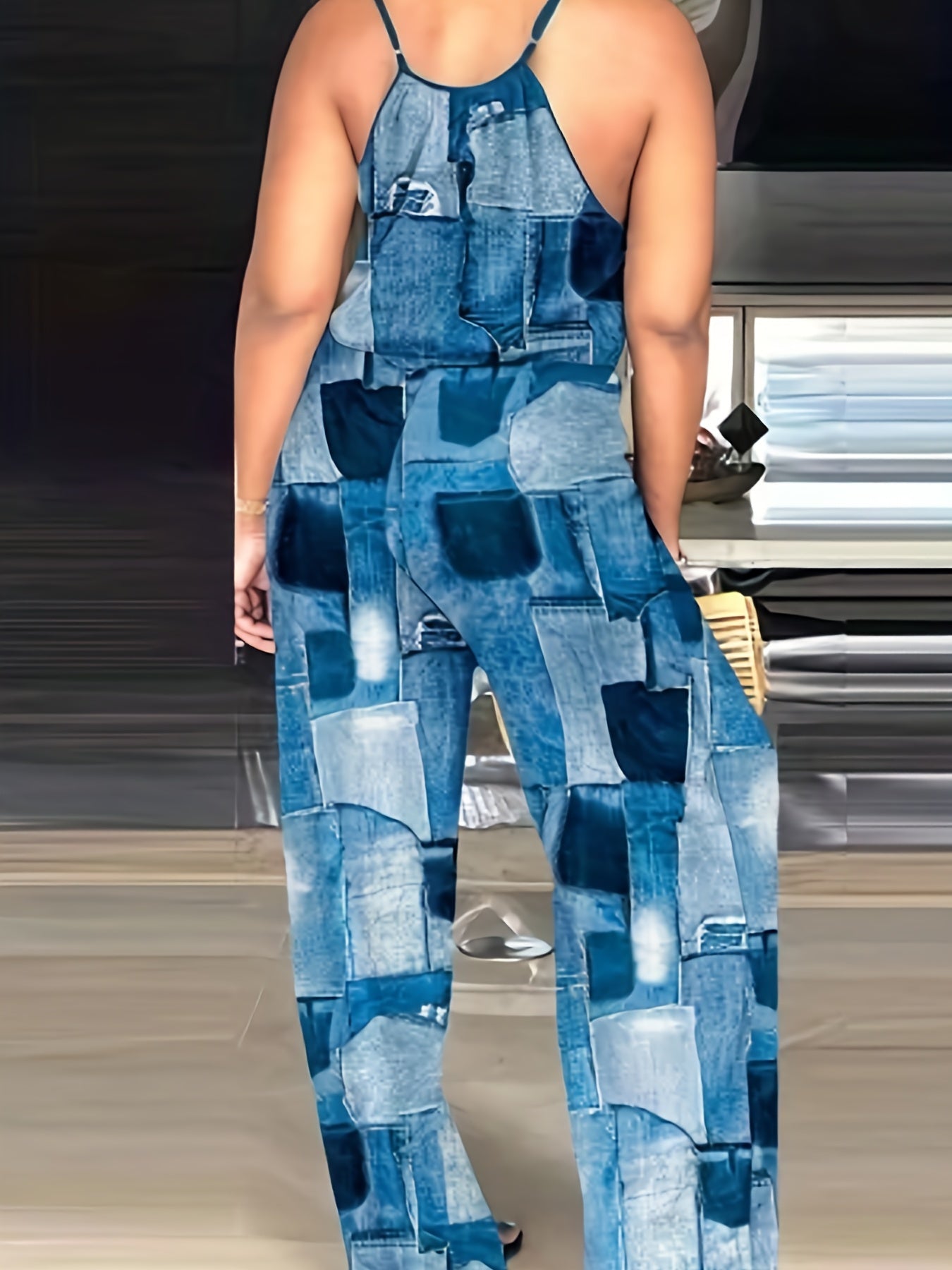 Denim Print Drawstring Waist Jumpsuit Sleeveless Casual Jumpsuit