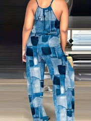 Denim Print Drawstring Waist Jumpsuit Sleeveless Casual Jumpsuit