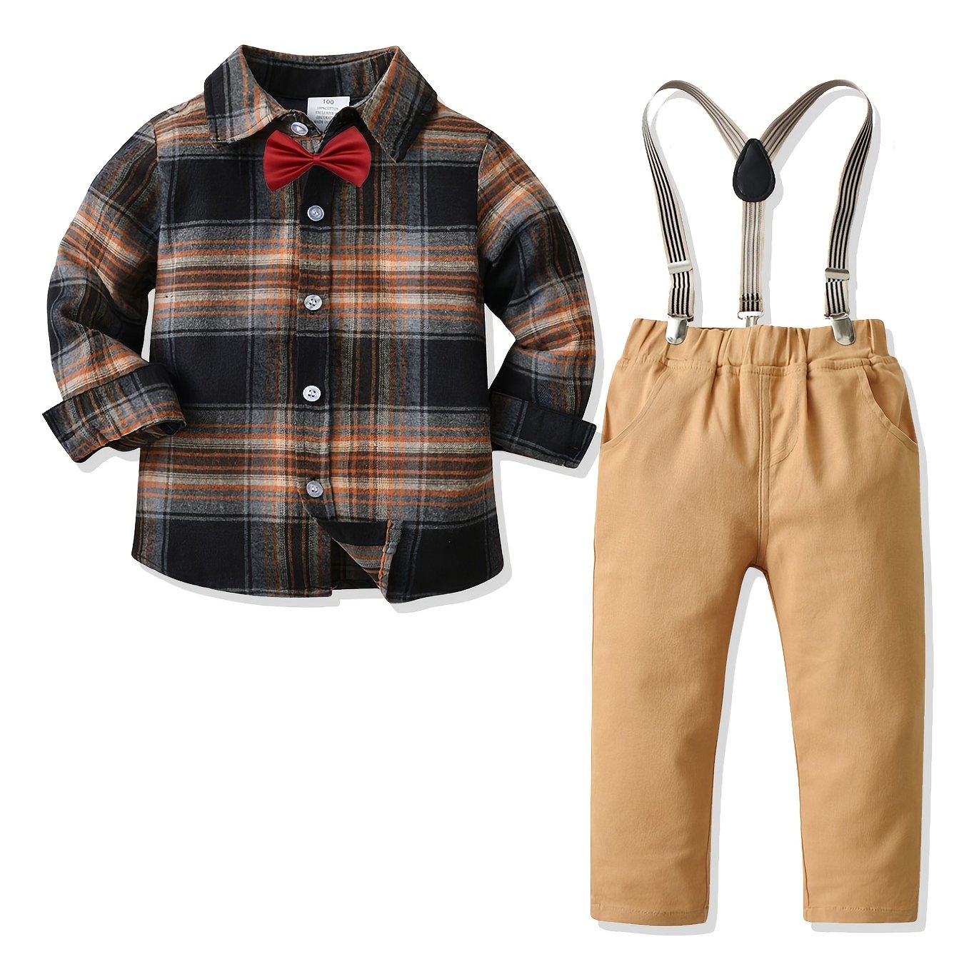 Baby Boys Gentleman Outfit Plaid Shirt & Suspender Pants Set